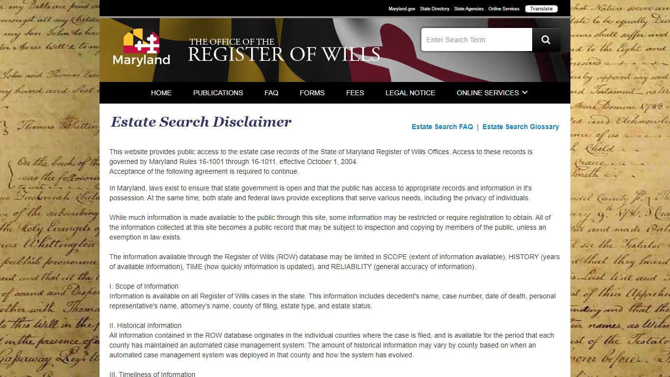 Office Of The Register Of Wills - Estate Search - Maryland